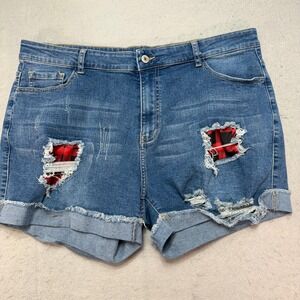 Distressed Denim Shorts‎ 2XL Plaid Patches Frayed Hem Cuffed Blue Jeans